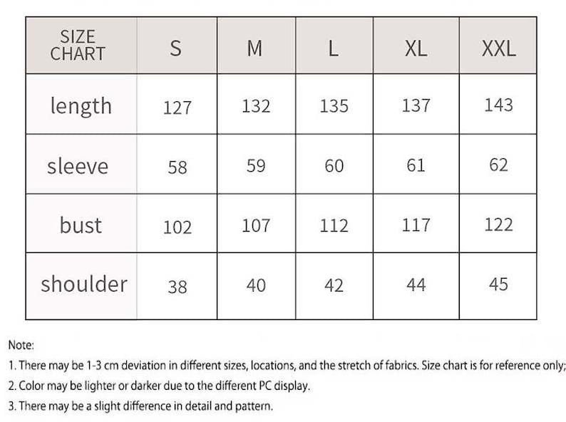 May include: Size chart for clothing with measurements in inches for length, sleeve, bust, and shoulder. Sizes include S, M, L, XL, and XXL.