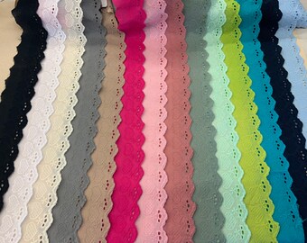Farbige Herzmotiv - Festonspitze;  5 cm breit - 100% Baumwolle -Lochspitze Meterware,  hochwertig als Wäschespitze, Lockstickerei Borte,