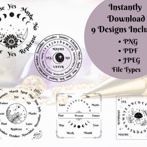 印刷可能な振り子ボード png、pdf、jpg、丸いスピリットボード、四角い振り子、占いボード、クリスタル振り子リーディングツール、祭壇ボード