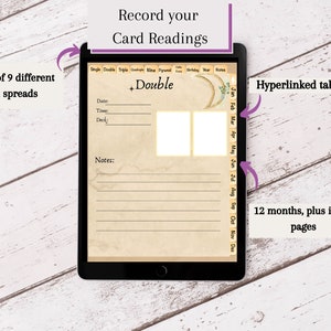 May include: A digital planner for recording tarot card readings. The planner features 9 different card spreads, hyperlinked tabs for each month, and a notes section. The planner is displayed on a tablet with a brown wooden background.