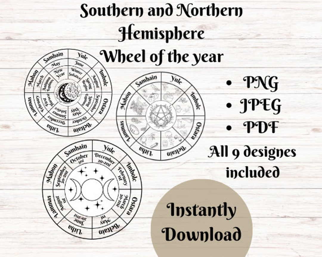 Printable Pagan Wheel of the Year Northern Hemisphere, Southern Hemisphere, Wiccan Holidays