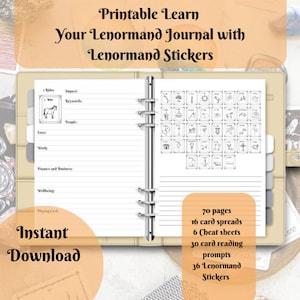 Diário Lenormand imprimível com adesivos Lenormand, Aprenda seu Lenormand, guia Lenormand pdf, leitura de cartas, leitura da sorte,
