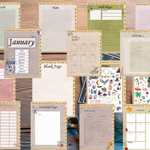 May include: A set of printable planner pages with a vintage aesthetic. The pages include a grid, notes, herb magic, crystals, January calendar, weekly agenda, blank page, stickers, book list, gratitude page, daily planner, and meal planner.