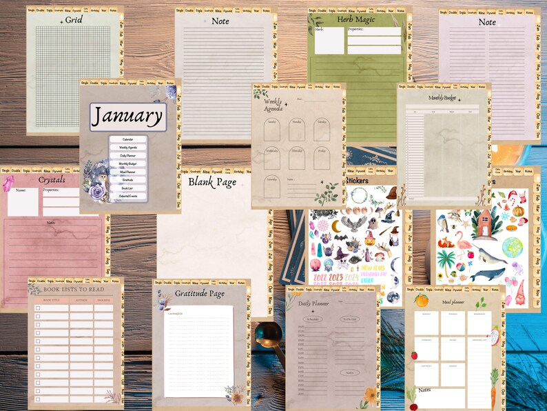 May include: A set of printable planner pages with a vintage aesthetic. The pages include a grid, notes, herb magic, crystals, January calendar, weekly agenda, blank page, stickers, book list, gratitude page, daily planner, and meal planner.