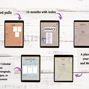 May include: A digital planner with a vintage aesthetic, featuring pages for daily card pulls, a 12-month calendar, celestial event tracking, and dream journaling. The pages are decorated with floral and mushroom illustrations.