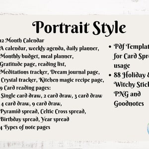May include: A digital planner with a watercolor illustration of a crystal ball. The planner includes 12 months of calendar pages, weekly agendas, daily planners, monthly budgets, meal planners, gratitude pages, reading lists, meditation trackers, dream journal pages, crystal trackers, kitchen magic recipe pages, 9 card reading pages, and 4 types of note pages. The planner also includes PDF templates for card spreads, 88 holiday and witchy stickers, PNGs, and Goodnotes.