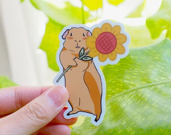 Guinea Pig Sticker With Sunflower, Piggy x Plants Collection Spring 2022, Dishwasher Safe, Waterproof, Birthday Gift, Flower Sticker