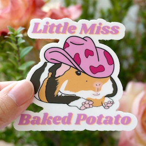 Pegatina de conejillo de indias con patata al horno de Little Miss, bonita pegatina con sombrero de vaquera, patata al horno atrevida, apta para lavavajillas, resistente al agua, regalo de cumpleaños