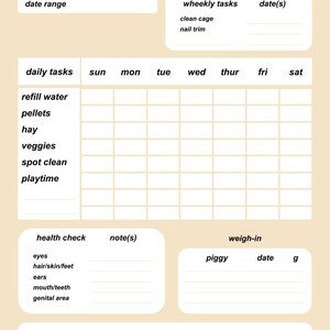 Printable Guinea Pig Weekly Tracker, Letter Size, Guinea Pig Care ...