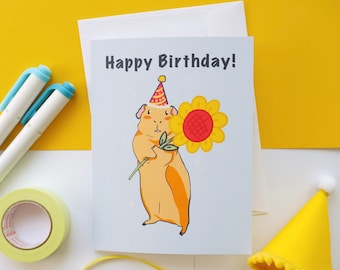 Carte d'anniversaire de cochon d'Inde, carte A2, 4 x 5,5 pouces, joli cochon d'Inde tenant une carte de tournesol, cadeau d'anniversaire, cadeau pour elle