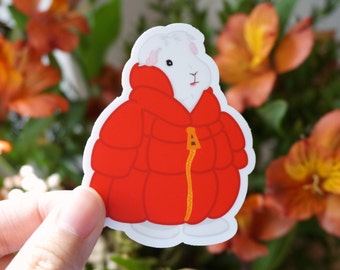 Guinea Pig Winter Red Puffer Jacket Sticker, Cute Winter Sticker, Gen Z Fashion, Dishwasher Safe, Waterproof Vinyl Sticker, Birthday Gift