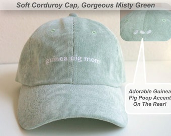 Corduroy Guinea Pig Mom Embroidered Hat, Pastel Jade Green Baseball Cap, Embroidered Corduroy Hat, Guinea Pig Poop Hat