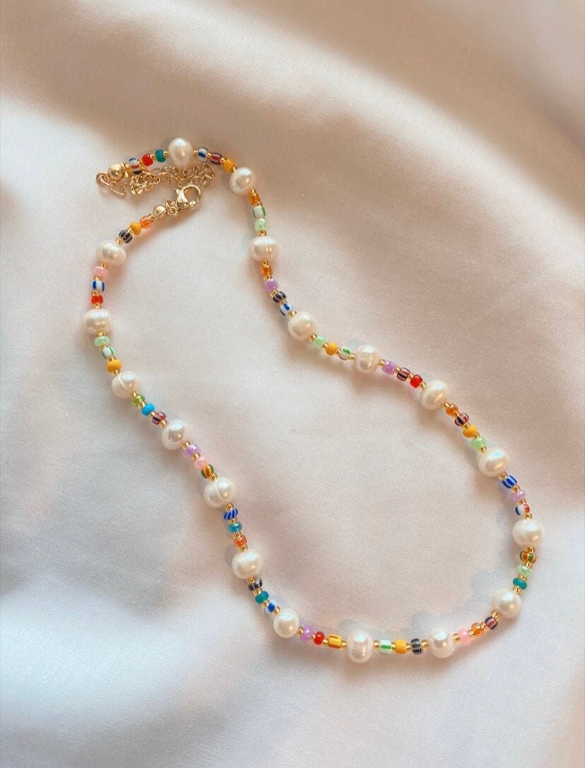 Colorful Beads Necklace, Pearl Necklace, Rainbow Necklace