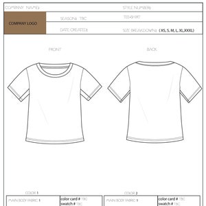 May include: A technical drawing of a t-shirt design. The front and back views of the t-shirt are shown. The drawing includes details about the fabric, color, and stitching. The text "SEASON: TBC" and "SIZE BREAKDOWN: (XS, S, M, L, XL,XXXL)" is included in the drawing.