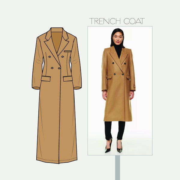 Illustrator CADS: trench coat, suit, vest, midi coat, flat drawings with front and back view - both for men and women, AI and PNG file