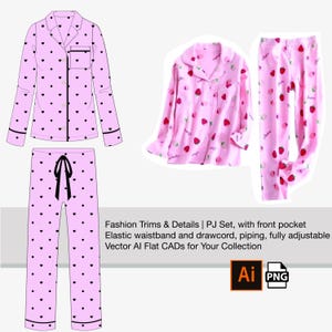 Op de afbeelding: Roze pyjamaset met een zwarte hartprint op het bovenstuk en de broek. Het bovenstuk heeft een kraag en lange mouwen. De broek heeft een elastische tailleband. De tekst "Fashion Trims & Details | PJ Set, with front pocket Elastic waistband and drawcord, piping, fully adjustable Vector Al Flat CADs for Your Collection" staat onderaan de afbeelding. De tekst "Ai PNG" staat in de rechterbenedenhoek van de afbeelding.