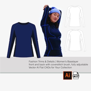 Puede incluir: Una camiseta azul de manga larga con un diseño de contorno blanco. La camiseta se muestra en una modelo que lleva una boina azul. La imagen incluye el texto "Fashion Trims & Details | Women's Baselayer front and back with coverstitch brush, fully adjustable Vector Al Flat CADs for Your Collection Ai PNG".