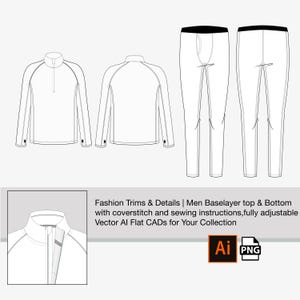 May include: Line drawing of a base layer top and bottom for men. The top has a mock neck and long sleeves. The bottom is a pair of long pants. The drawing is in black and white and is on a white background.