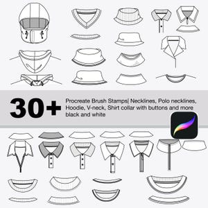 Op de afbeelding: Zwart-wit illustraties van verschillende halslijnen, waaronder hoodies, V-halzen en overhemdkragen met knopen. De afbeelding bevat ook vissershoeden en de tekst "30+" en "Procreate Brush Stamps | Necklines, Polo necklines, Hoodie, V-neck, Shirt collar with buttons and more black and white."