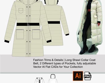 Fashion CAD Template | Adobe Illustrator Sketch:Puffer jacket AI file Illustrator Cads, front and back, with fur, front and back