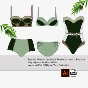 Puede incluir: Tres diseños de trajes de baño con diferentes estilos de parte superior e inferior. Los trajes de baño son verdes y negros con ribetes marrones. Los diseños son totalmente ajustables con detalles. Vectores AI Flat CADs para tu colección. Ai PNG.