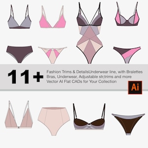 11+ Fashion CAD Template | Adobe Illustrator Sketch: Lingerie CADS flat drawings in colour and black and white, full collection