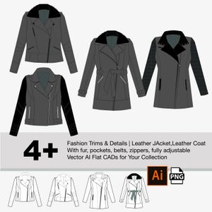 May include: Four different styles of leather jackets and coats, including a black leather jacket with a fur collar, a gray leather jacket with a black leather sleeve, a gray leather coat with a black fur collar, and a gray leather jacket with a black leather sleeve. The text "4+ Fashion Trims & Details | Leather Jacket, Leather Coat With fur, pockets, belts, zippers, fully adjustable Vector Al Flat CADs for Your Collection" is at the bottom of the image.