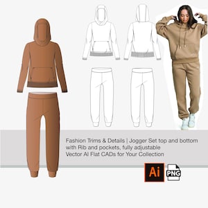 Fashion CAD Template | Adobe Illustrator Sketch: Women&#39;s Jogger Set top and bottom & front/back, CADS flat drawings and png, AI file