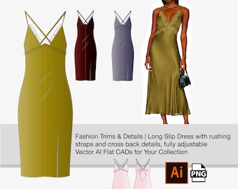 Fashion CAD Template: Lace Slip Dress Vector Sketch (AI, PNG)