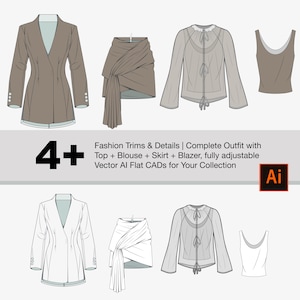 Puede incluir: Un conjunto de cuatro bocetos planos de moda en formato Adobe Illustrator (AI). El conjunto incluye una chaqueta, una blusa, una falda y una camiseta sin mangas. Los bocetos están en blanco y negro y son totalmente ajustables.