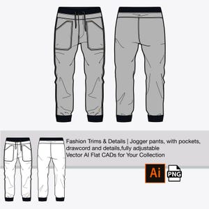 May include: A flat illustration of two pairs of jogger pants. One pair is gray and the other is white. Both pairs have pockets, a drawstring waistband, and a cuffed hem.