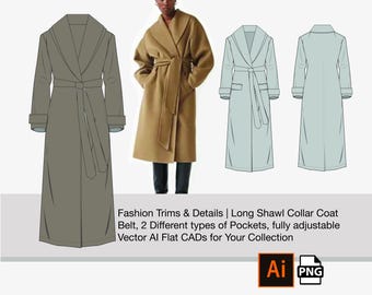 Fashion CAD Template | Adobe Illustrator Sketch: Wool coat with shawl collar + extra coat with pockets + png, illustrator file AI, Vector
