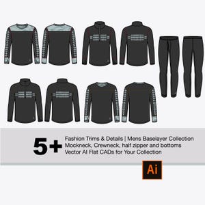 May include: A set of five base layer shirts in black with different necklines and sleeve details. The shirts feature a geometric pattern in grey and white. The set also includes a pair of black base layer pants.