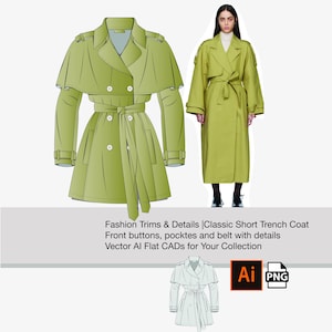 May include: A green short trench coat with a belt, front buttons, and pockets. The coat has a cape-like collar and is shown in a flat vector illustration.