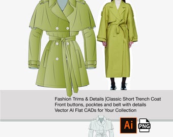 Fashion CAD Template | Adobe Illustrator Sketch: Short Classic Trench Coat, with belt, pockets, buttons and Details, Cads, Vector, PNG