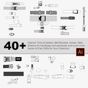 40+ Illustrator Fashion Trims Collection:  Belt buckles, Tabs, Buckles, Buttons, Belts & More – Vector AI Flat CADs for Your Collection
