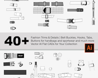 40+ Illustrator Fashion Trims Collection: Bältesspännen, flikar, spännen, knappar, bälten och mer – Vektor AI Flat CAD för din samling