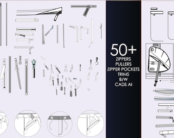 Illustrator Zipper pullers, pockets, hooks, cords, belt loops, so many more trims for your collection Cads - flat drawings