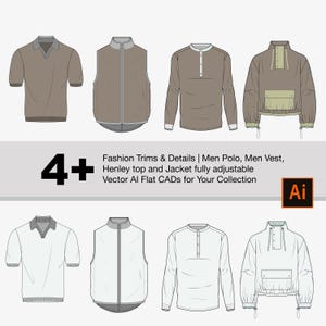 May include: Four flat vector illustrations of clothing designs: a polo shirt, a vest, a Henley shirt, and a jacket. The designs are shown in both brown and white.