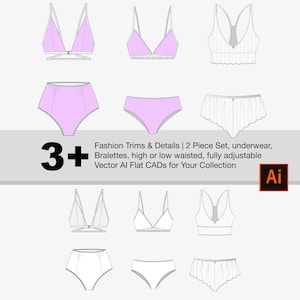 3+ Fashion CAD Template | Adobe Illustrator Sketch: 3 x 2 piece sets for underwear and bralettes, fully adjustable, knit texture included
