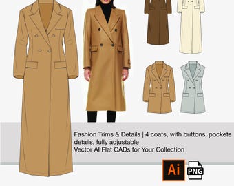 Fashion CAD Template | Adobe Illustrator Sketch:WOOL coat, suit, vest, midi coat, flat drawings with front and back view AI and png file