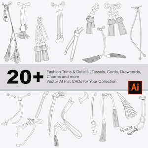 Könnte beinhalten: Ein Set mit über 20 Schwarzweiß-Zeichnungen von modischen Besätzen und Details, darunter Quasten, Kordeln, Zugbändern und Charms. Das Bild enthält den Text "20+ Fashion Trims & Details | Tassels, Cords, Drawcords, Charms and more Vector Al Flat CADs for Your Collection Ai".