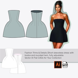 以下が含まれることがあります： フィットしたボディスと丸みを帯びたヘムを持つストラップレスドレスのフラットスケッチ。ドレスはライトブルーとホワイトの2色で表示されています。スケッチには、「Fashion Trims & Details | Short sleeveless dress with bodice and rounded hem, fully adjustable Vector Al Flat CADs for Your Collection Ai PNG」というテキストがラベル付けされています。