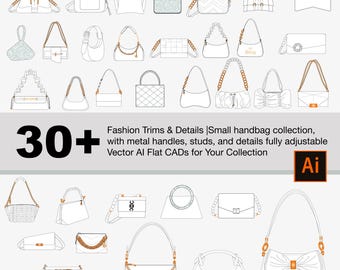 30種類以上のファッションCADテンプレート｜Adobe Illustratorスケッチ：様々なハンドル、ディテール、装飾が施された小型・中型ハンドバッグ、ベクター