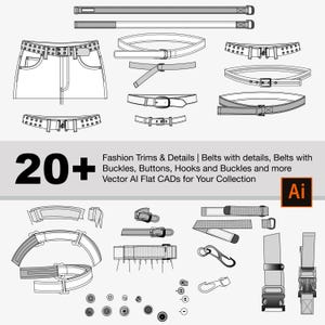 20+ Illustrator Fashion Trims-collectie Riemen, gespen en knopen Vector AI Flat CAD's voor je collectie