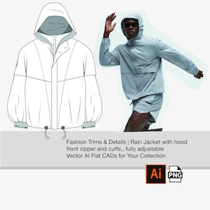 May include: A flat illustration of a hooded rain jacket with a front zipper and adjustable cuffs. The jacket is shown in white with a light blue hood. The text "Fashion Trims & Details | Rain Jacket with hood front zipper and cuffs, fully adjustable Vector Al Flat CADs for Your Collection Ai PNG" is below the image.