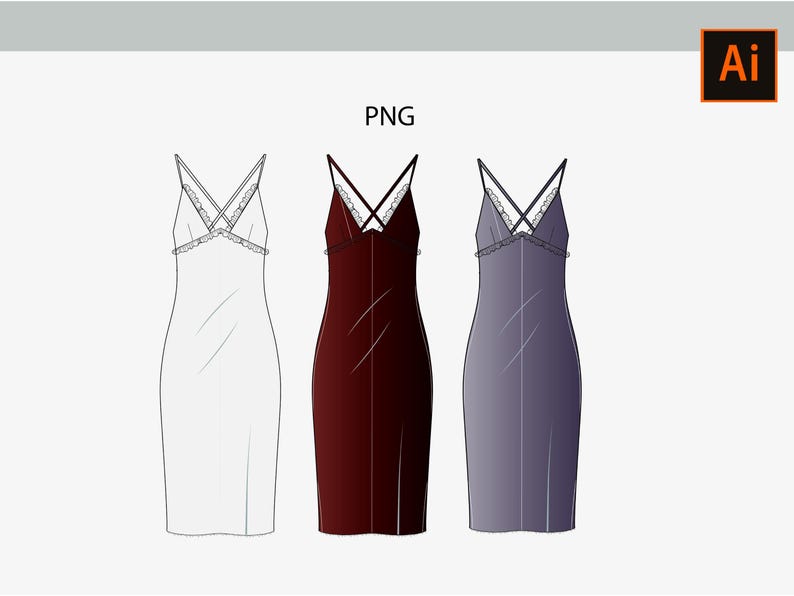 Cad Robe Fashion CAD Template: Lace Slip Dress Vector Sketch (AI, PNG) - Etsy