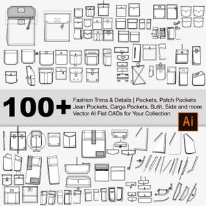 May include: A collection of 100+ vector illustrations of different types of pockets, including patch pockets, jean pockets, cargo pockets, and side pockets. The illustrations are in black and white and are suitable for use in fashion design.