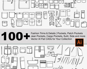 100+ Illustrator Fashion Trims Collection: Pockets patch pockets, jean pockets, suit, cargo pockets, tailored pockets, skirt pockets