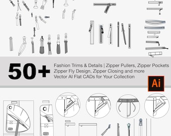 Colección de más de 50 adornos de moda de Illustrator: tiradores de cremalleras, bolsillos con cremallera, primeros planos de cremalleras y más diseños AI vectoriales planos